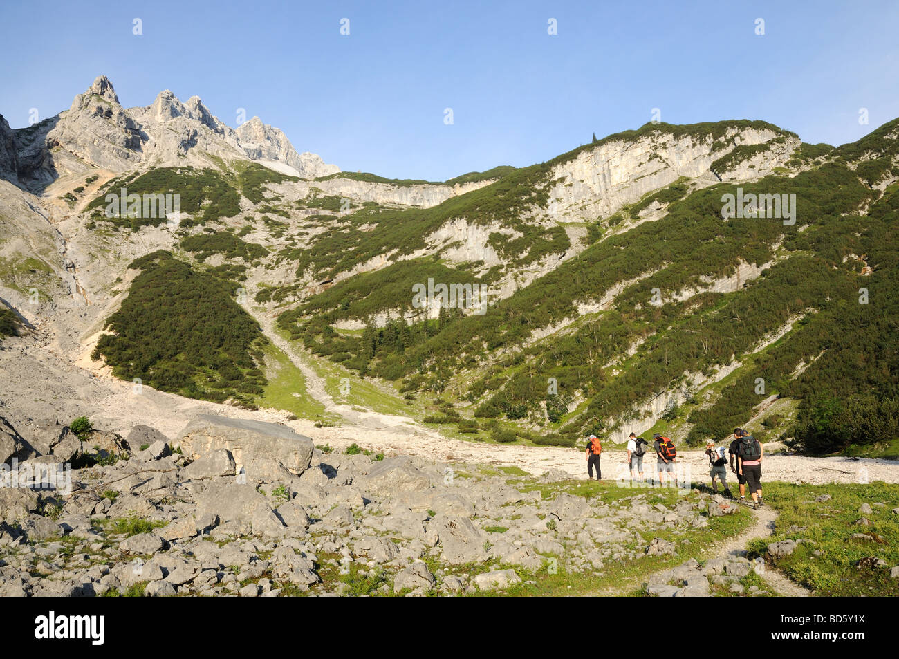 Alpine landscape with hikers. German Alps, Reintal Stock Photo