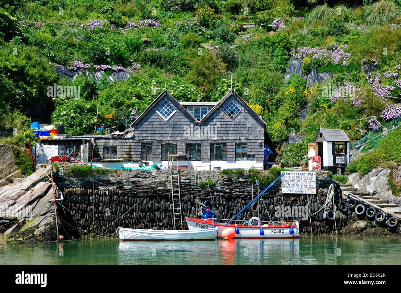 ferry boats and shop at crantock near newquay in cornwall, uk Stock Photo