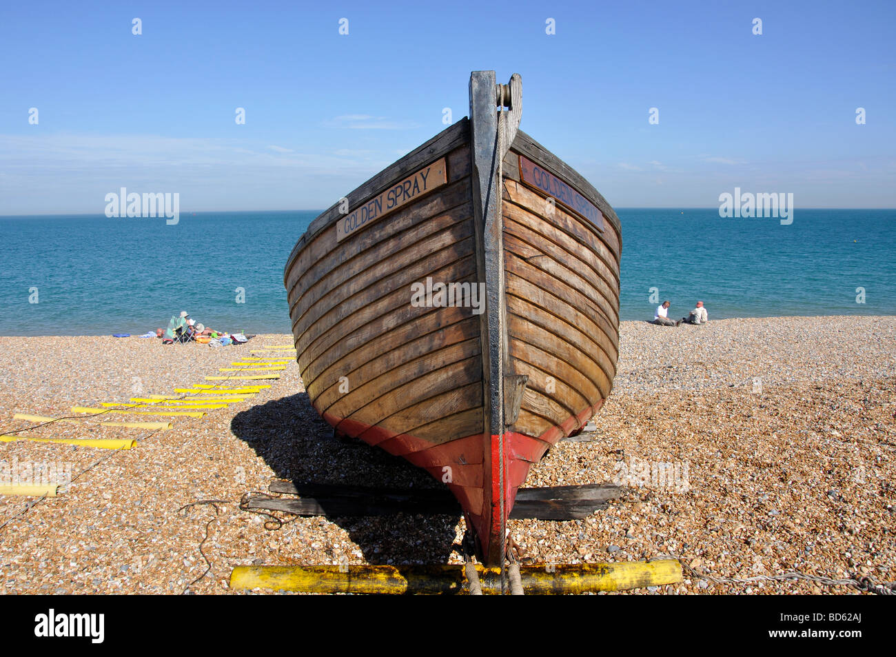 Wooden fishing boat on beach, Walmer, Kent, England, United Kingdom Stock Photo