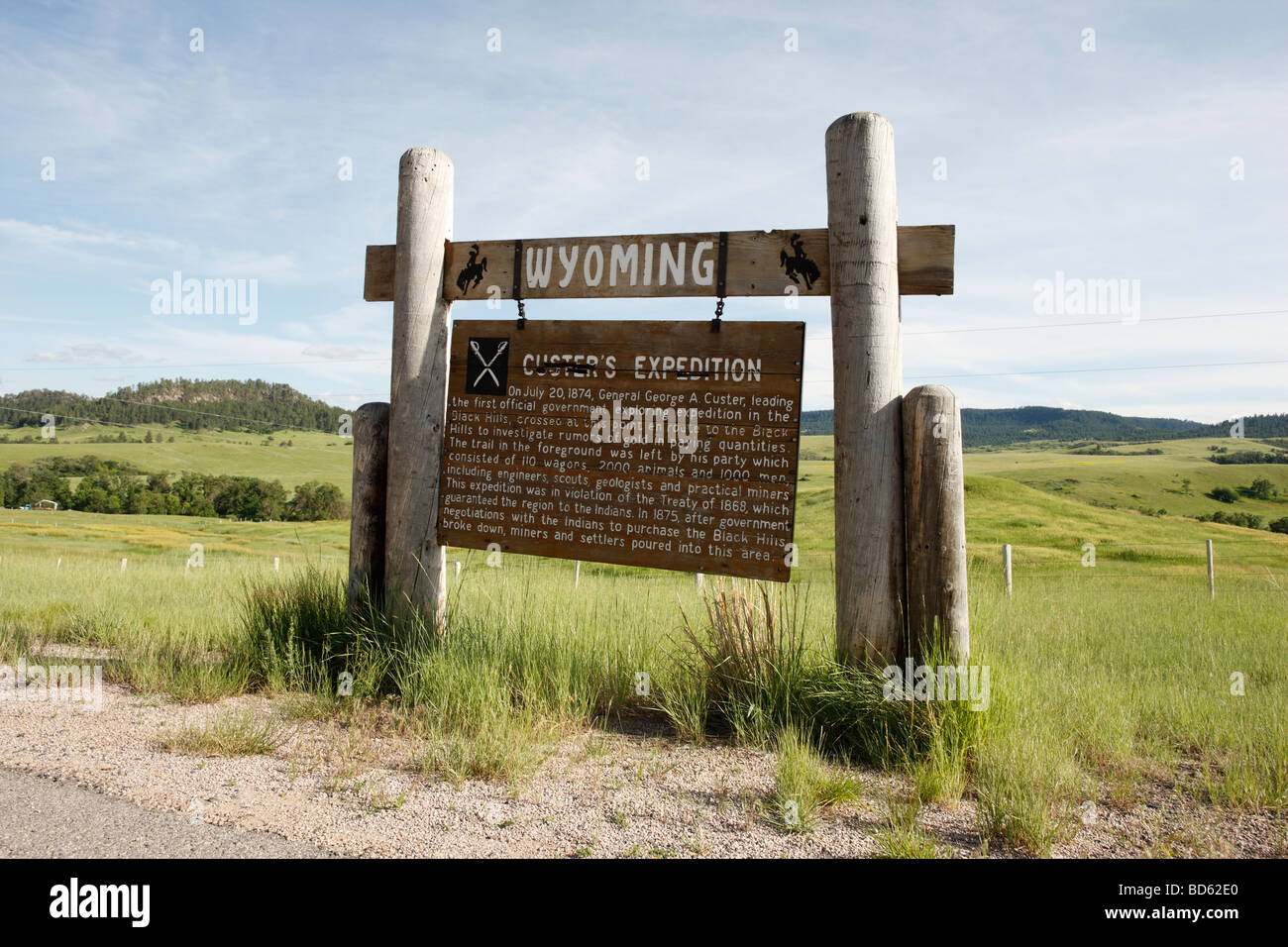 A sign in rural Wyoming near the SD border describing a July 20th, 1874 crossing point of General George A. Custer's expedition. Stock Photo