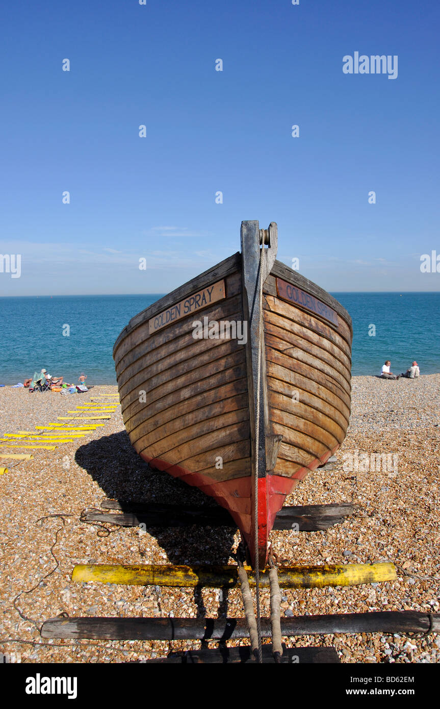 Wooden fishing boat on beach, Walmer, Kent, England, United Kingdom Stock Photo