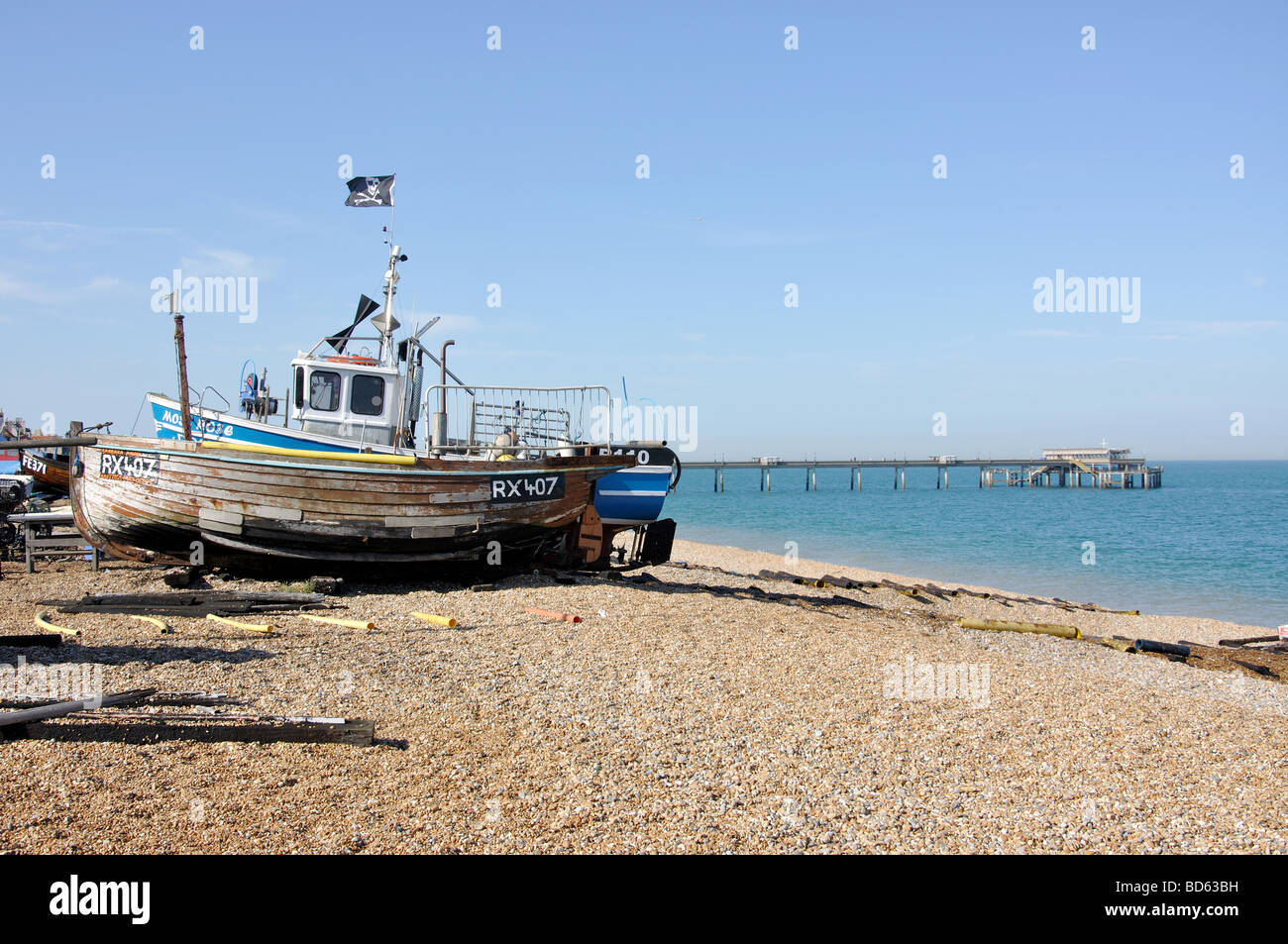 Wooden fishing boat on beach, Deal, Kent, England, United Kingdom Stock Photo