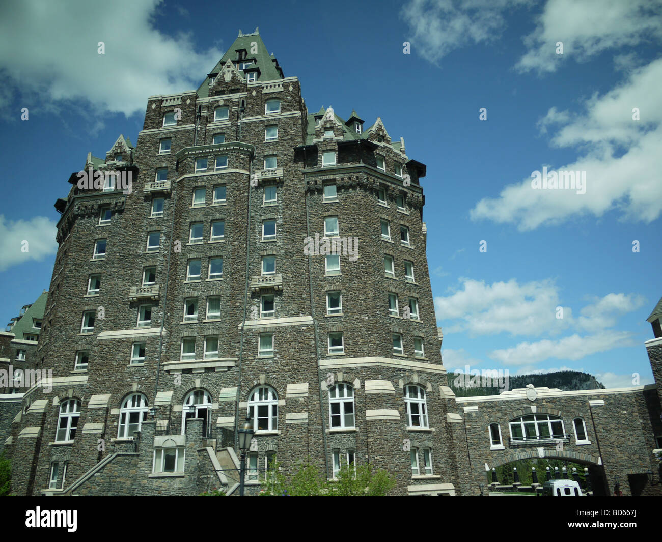 Fairmont Hotel by the Bow River falls in Banff National Park in Alberta ...