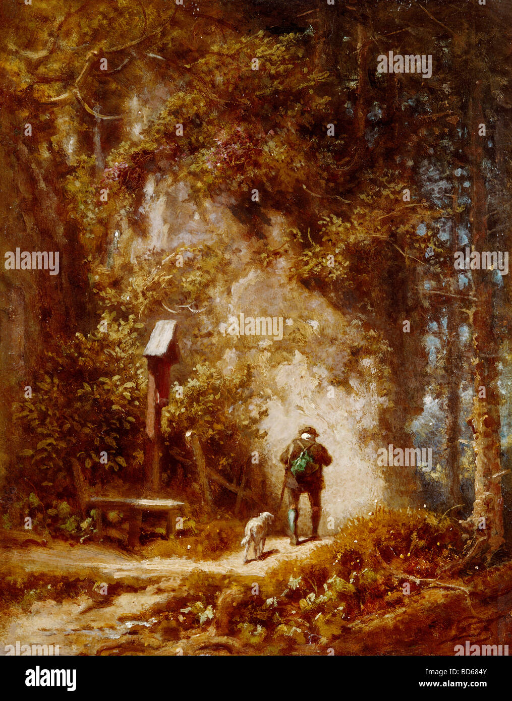 fine arts, Spitzweg, Carl (1808 - 1885), painting, hunter in the forest, Wimmer Gallery, Munich, wood, woods, Karl, German, Bied Stock Photo