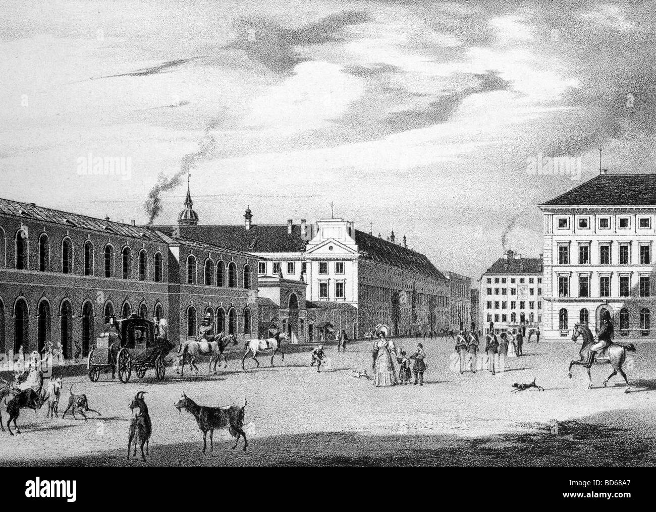 geography / travel, Germany, Munich, Odeonsplatz with Royal Residence, circa 1830, Stock Photo
