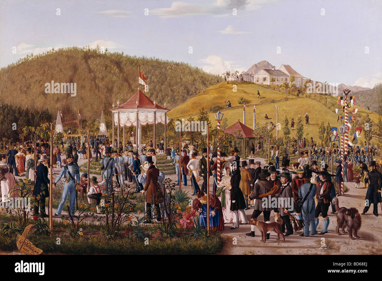 fine arts, Wachter, Georg (1809 - 1863), painting 'Schuetzenfest am Berg Isel' (Marksmen's Festival at Mount Isel), 1839, oil Stock Photo
