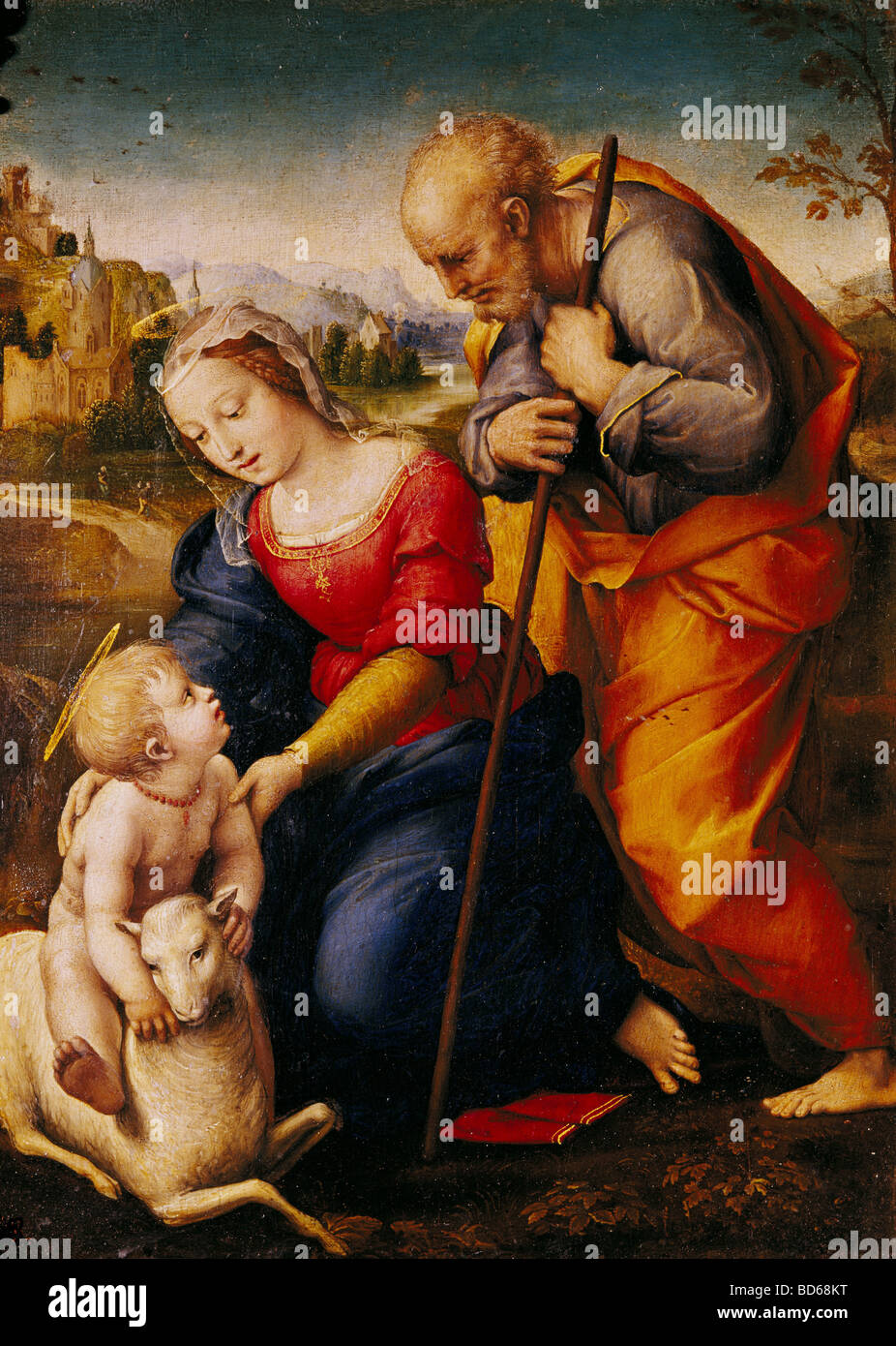 fine arts, Raphael (Raffaello Santi, 1483 - 1520), painting 'The Holy Family with a lamb', 1507, oil on panel, Museo del Prad Stock Photo