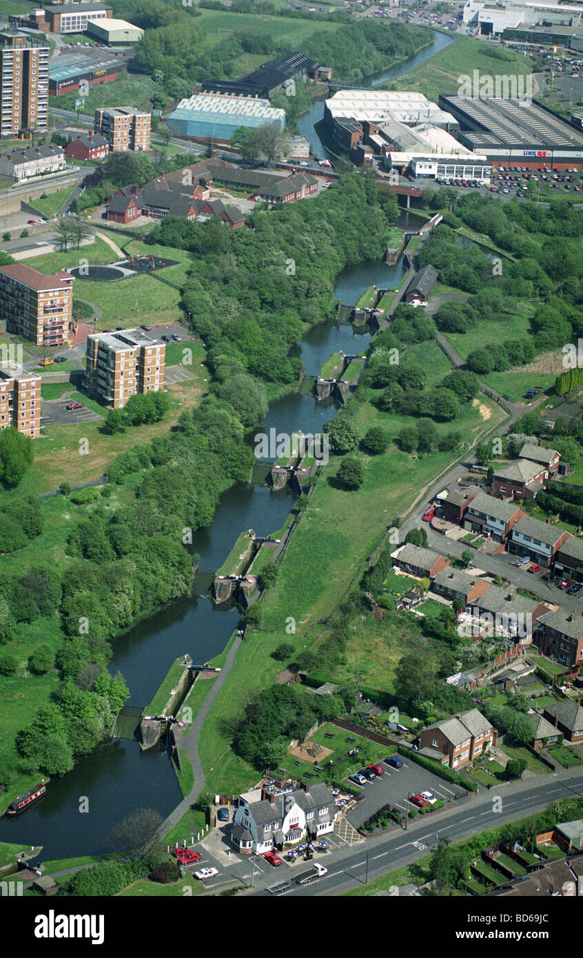 Aerial view of the Nine Locks at Brierley Hill near Dudley with the