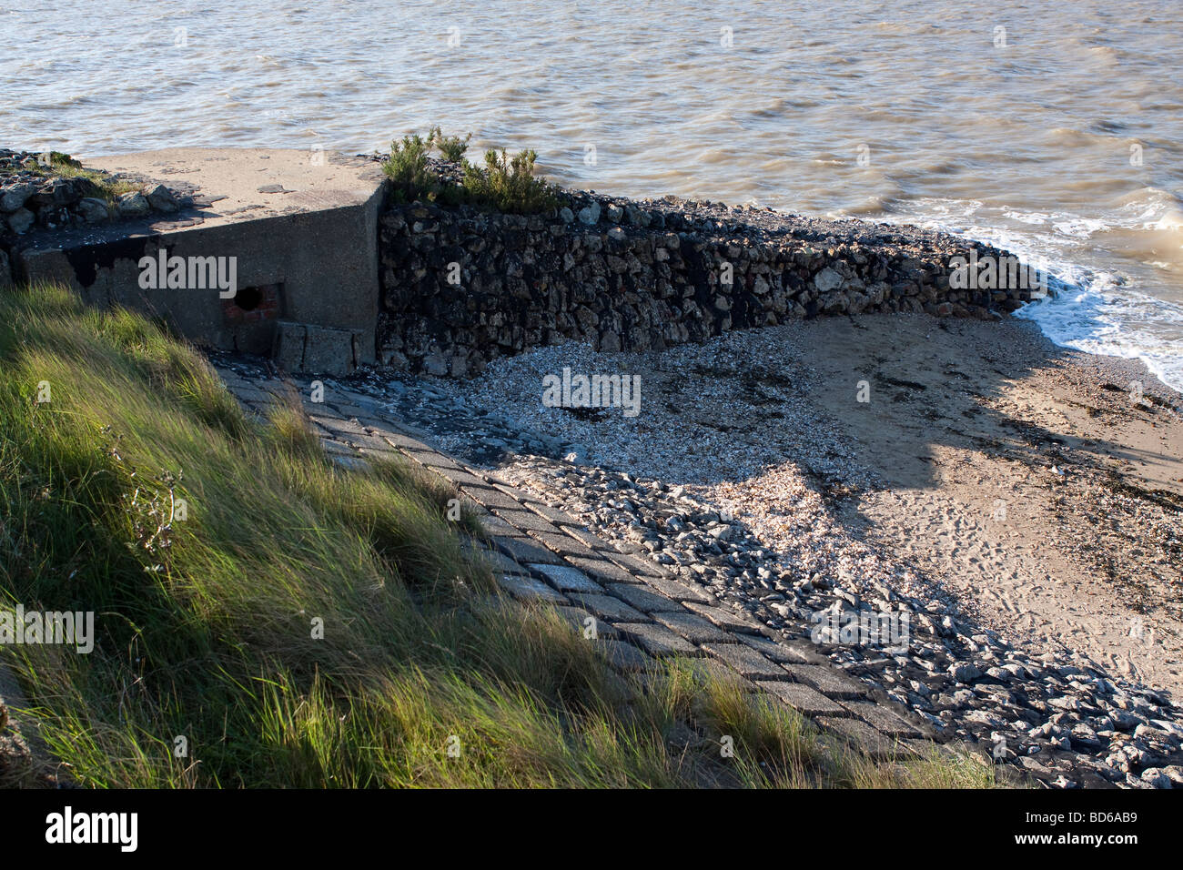 Coastal defence, Essex, UK. World War Two Gun emplacement or Pillbox and sea wall. Stock Photo