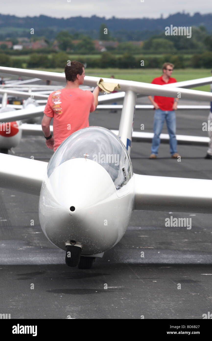 Glider pilot prepares his sports glider for a competition launch Stock Photo