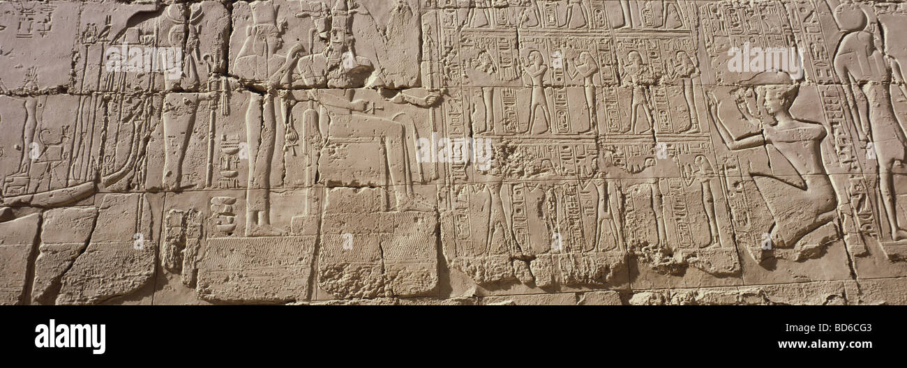 geography / travel, Egypt, Karnak, Temple of Amun-Re, Gods Amun, Mut and Ptah, relief, 3rd pylon, built by King Ramesses II (circa 1290 - 1224 BC, 19th Dynasty), New Kingdom, Amun, Re, excavation, Thebes, ancient world, antiquity, fine arts, sculpture, religion, Africa, historic, historical, UNESCO World Cultural Heritage Site / Sites, ancient world, Stock Photo
