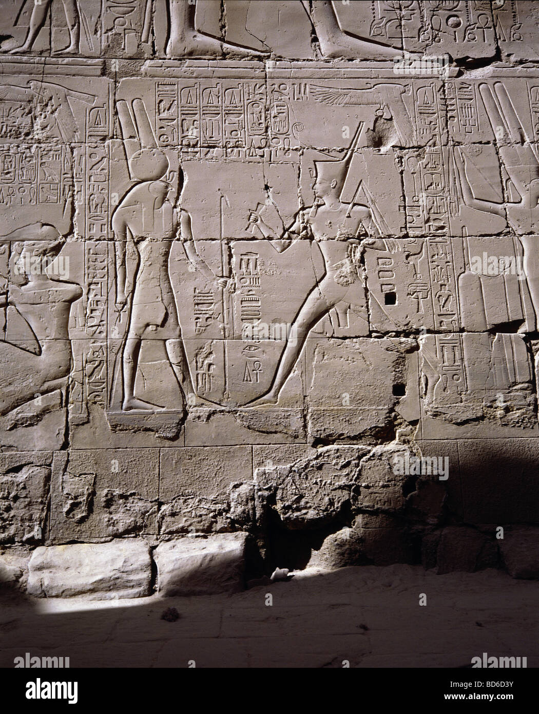 geography / travel, Egypt, Karnak, Temple of Amun-Re, King Ramesses II (circa 1290 - 1224 BC, 19th Dynasty) and God Menthu, relief, Great Hypostyle Hall, New Kingdom, Amun, Re, excavation, Thebes, ancient world, antiquity, fine arts, sculpture, religion, Africa, historic, historical, UNESCO World Cultural Heritage Site / Sites, ancient world, Stock Photo