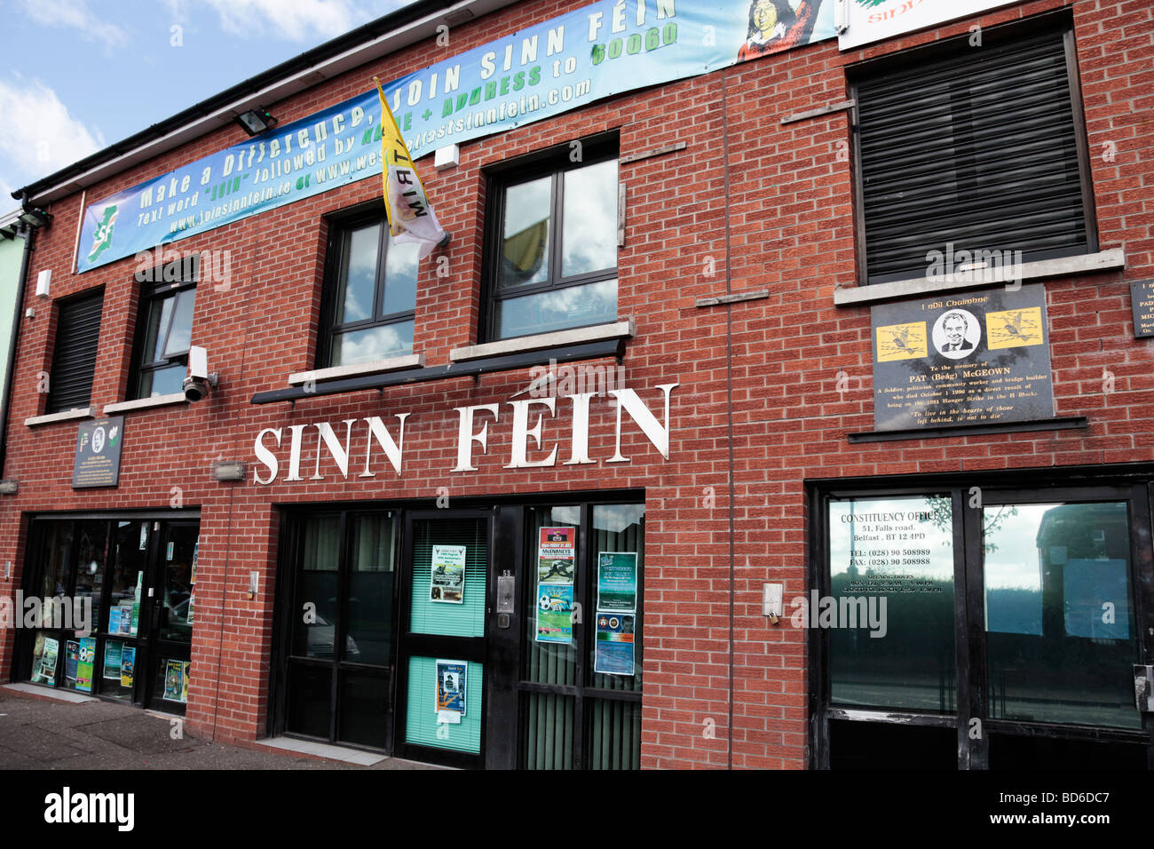 Frontage of Sinn Féin constituency office in Belfast's Falls Road. Stock Photo