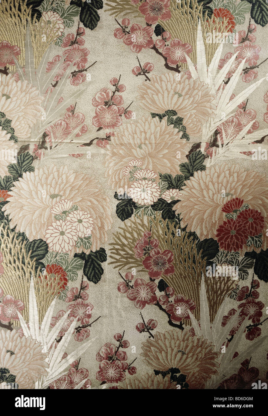 fine arts, Japan, silk painting, almond blossom and chrysanthemes, circa 1900, Schwaebisches Textilmuseum, Mindelheim, textile, Stock Photo