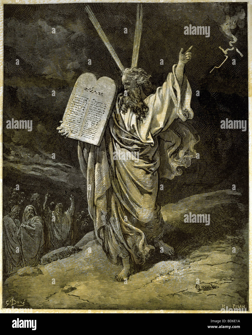 fine arts, Dore, Gustave (1832 - 1883), illustration, Moses bringing the Tablets of the Law from the Sinai Mountain, wood engrav Stock Photo