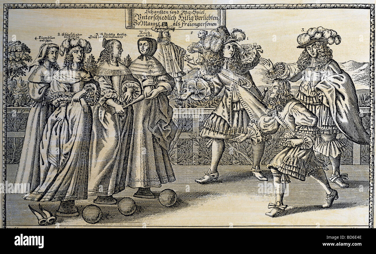 people, women, 16th - 18th century, caricature, marriage as bowling game, copper engraving, by Abraham Aubry, Frankfurt on the Main, Germany, first half of the 17th century, private collection, skittles, morals, morality, graphic, graphics, print, prints, men, playing, tenpin, humour, satire, fashion, clothes, clothing, Baroque, caricatures, historic, historical, Artist's Copyright has not to be cleared Stock Photo