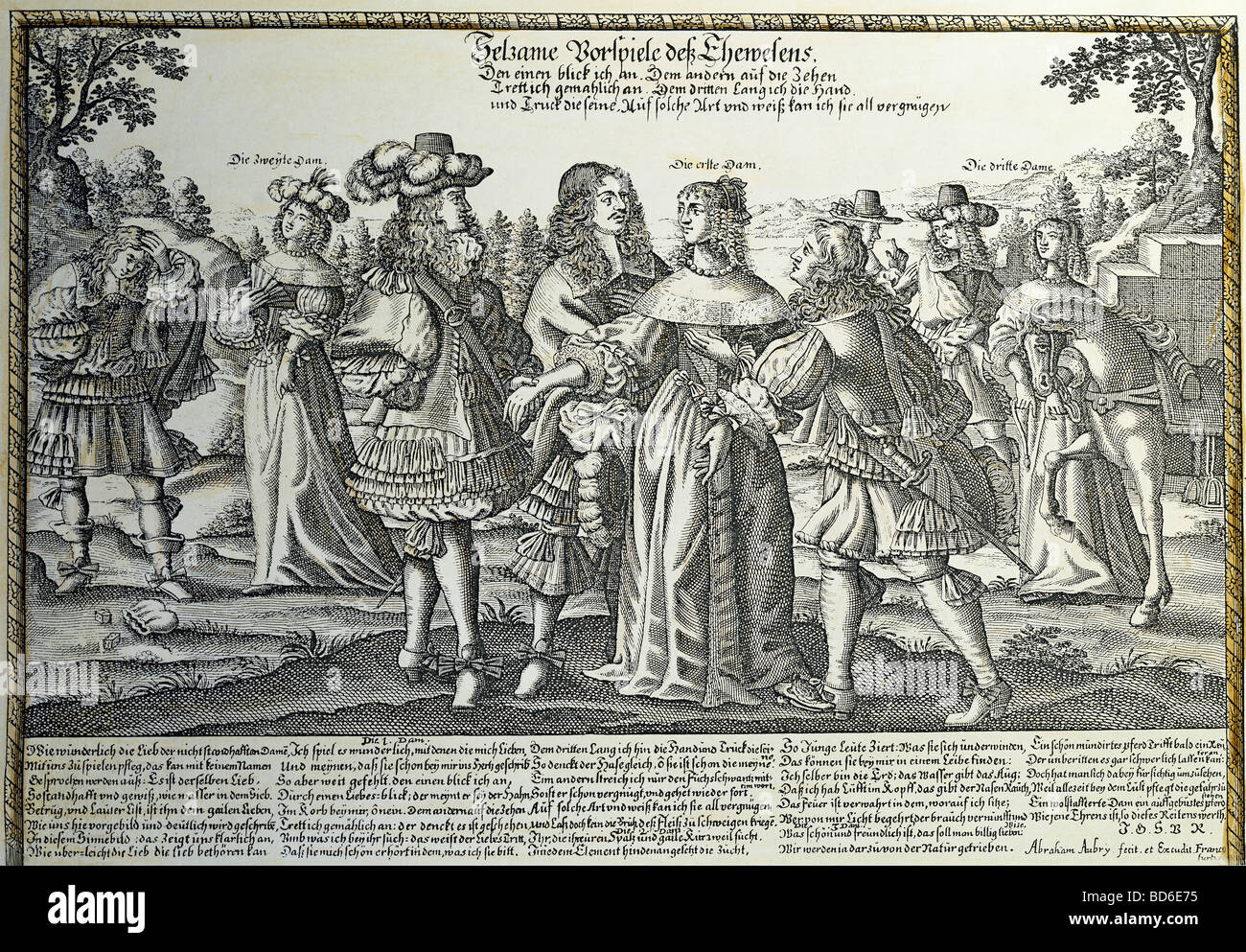 people, women, 16th - 18th century, caricature, 'Strange preludes to marriage', copper engraving, by Abraham Aubry, Frankfurt on the Main, Germany, mid 17th century, private collection, Artist's Copyright has not to be cleared Stock Photo