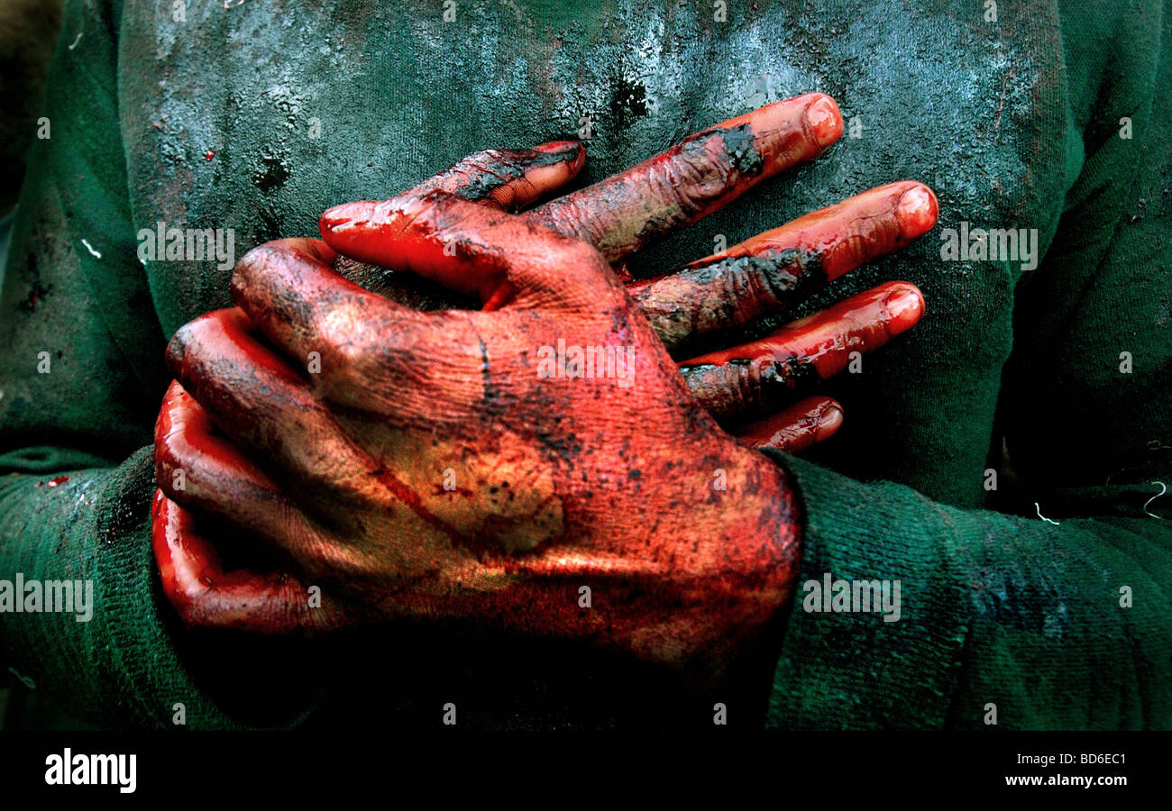 SRINAGAR INDIA MARCH 2 2004 A Kashmiri Shiite Muslim holds his blood stained hands to his chest after flagellating himself in a Stock Photo
