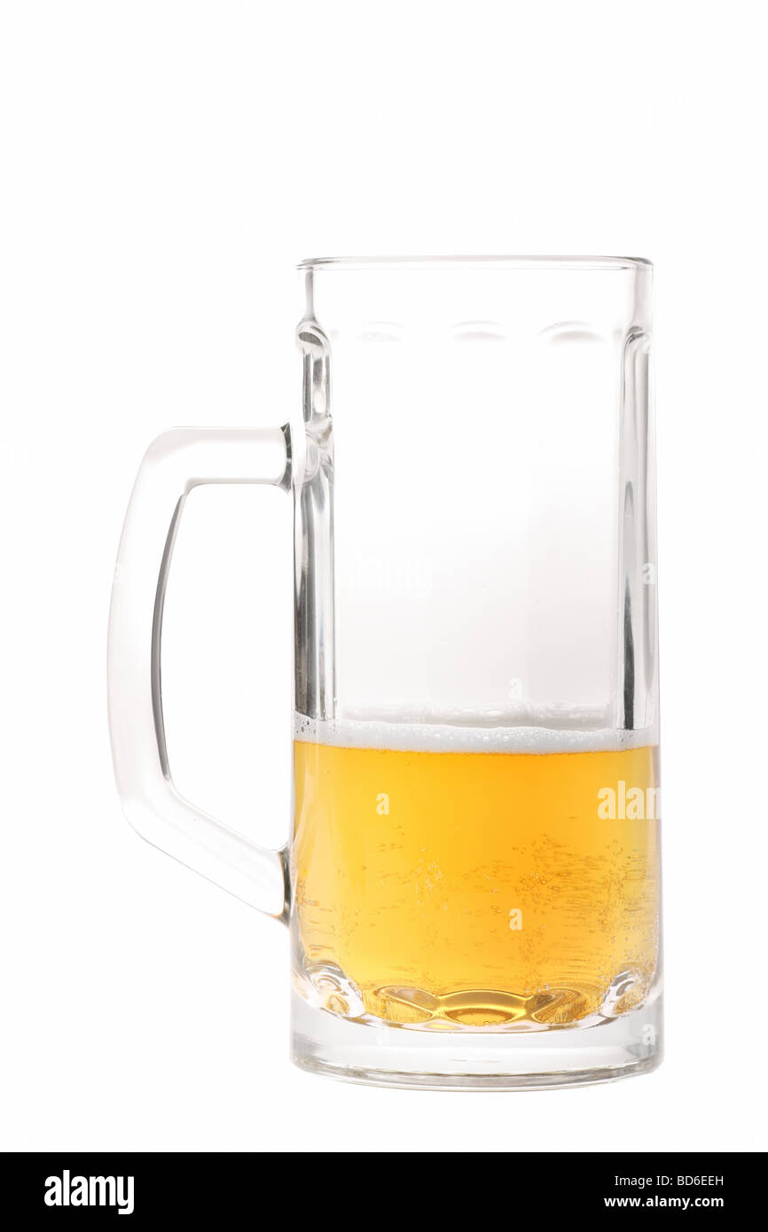 Glass half full of delicious golden beer with a big handle isolated on white Stock Photo