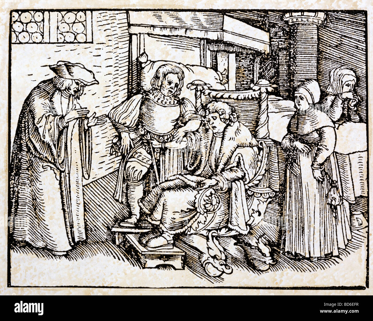 medicine, treatment, bloodletting / venesection, woodcut, by Hans Weiditz (um 1500 - 1536), from 'Ein nutzlich Regiment der Gesundtheit', by Luis Lobera de Avila, Augsburg, Germany, 1531, Stock Photo