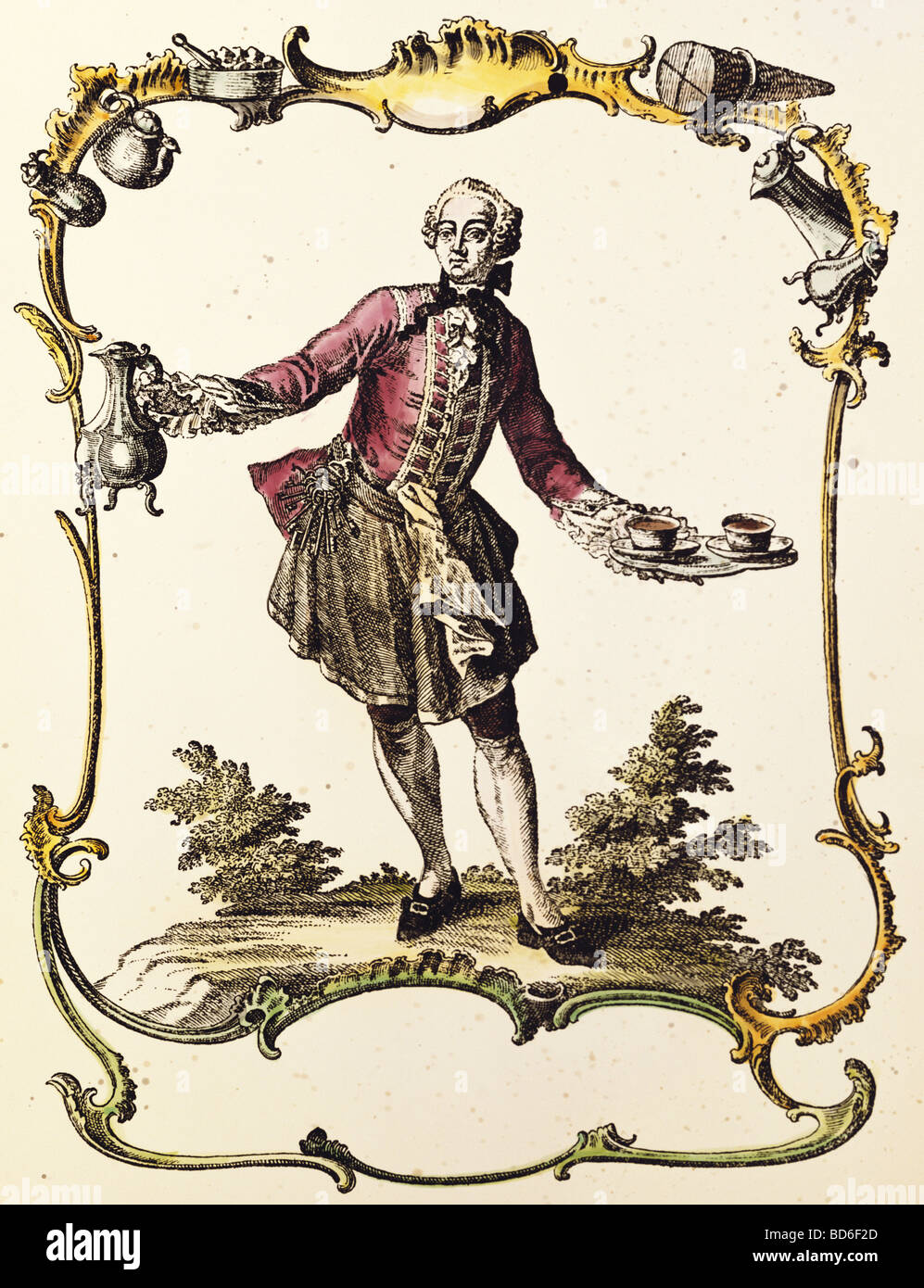 Footman in livery with coffeepot and 2 cups hires stock photography