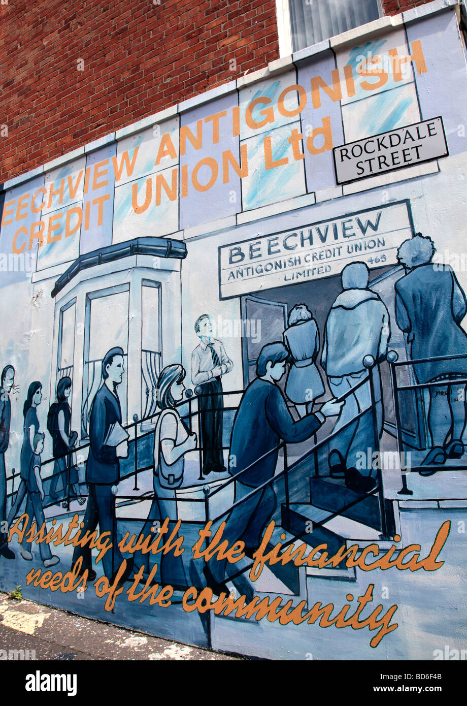 Belfast mural at the junction between Falls Road and Rockdale Street, featuring the Antigonish Credit Union. Stock Photo
