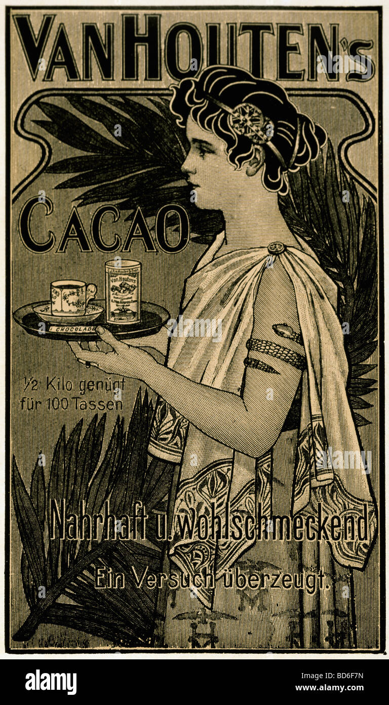 advertising, beverages, cocoa, adhesive label of the company Van Houten, wood engraving, Germany, circa 1900, Stock Photo