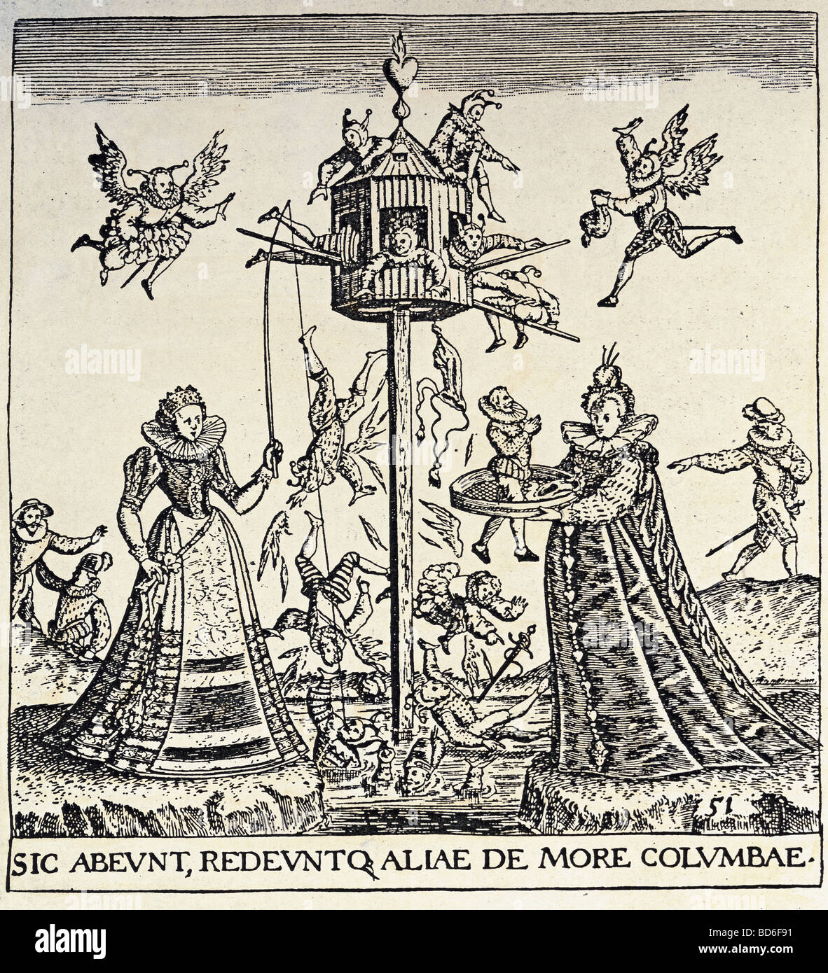people, women, 16th - 18th century, caricature, men as fools in a pigeonry, copper engraving, by de Bry, Holland, early 17th century, private collection, historic, historical, woman, Netherlands, angling, fishing, chosing, man, pigeon, pigeons, dove, doves, caricatures, graphic, graphics, print, prints, power, might, female, male, Artist's Copyright has not to be cleared Stock Photo