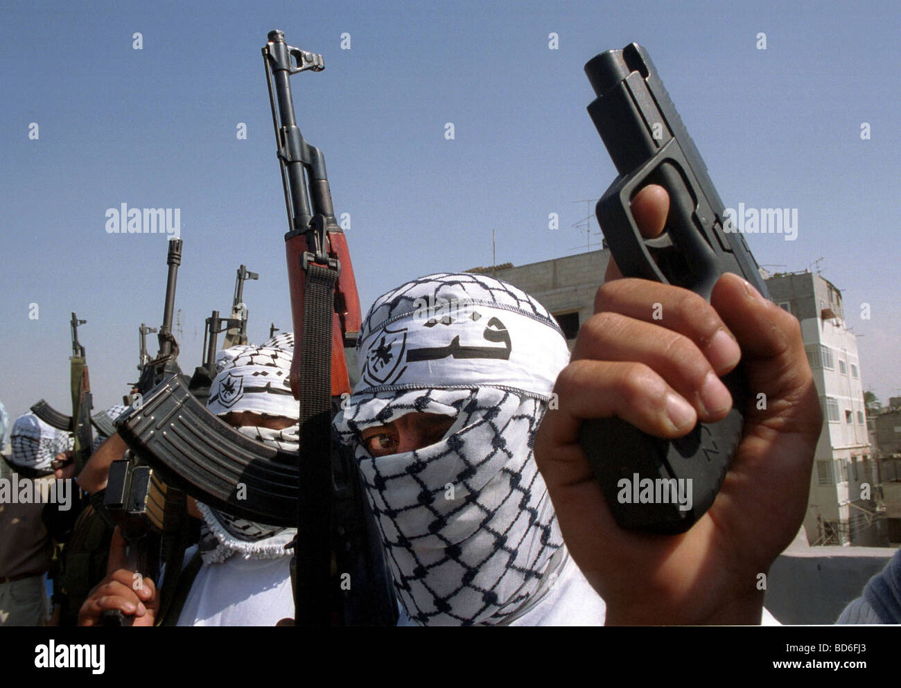 Palestinian Hamas supporters display a show of force at a protest in Gaza Monday October 16 2000 Many Palestinians are angry Stock Photo