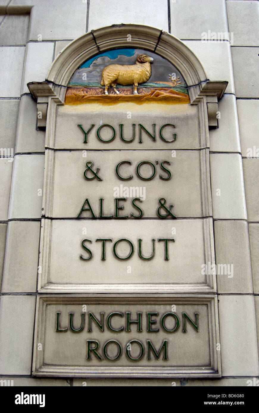 luncheon room and young & co's ales and stouts signs, and image of a ram, at the crown and anchor pub, chiswick, london, england Stock Photo