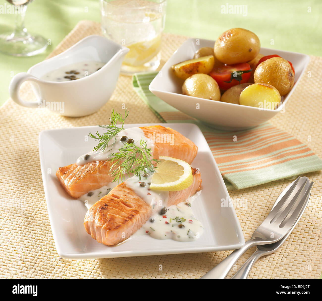 Baked Salmon with Pepper Sauce and Tarragon Stock Photo Alamy