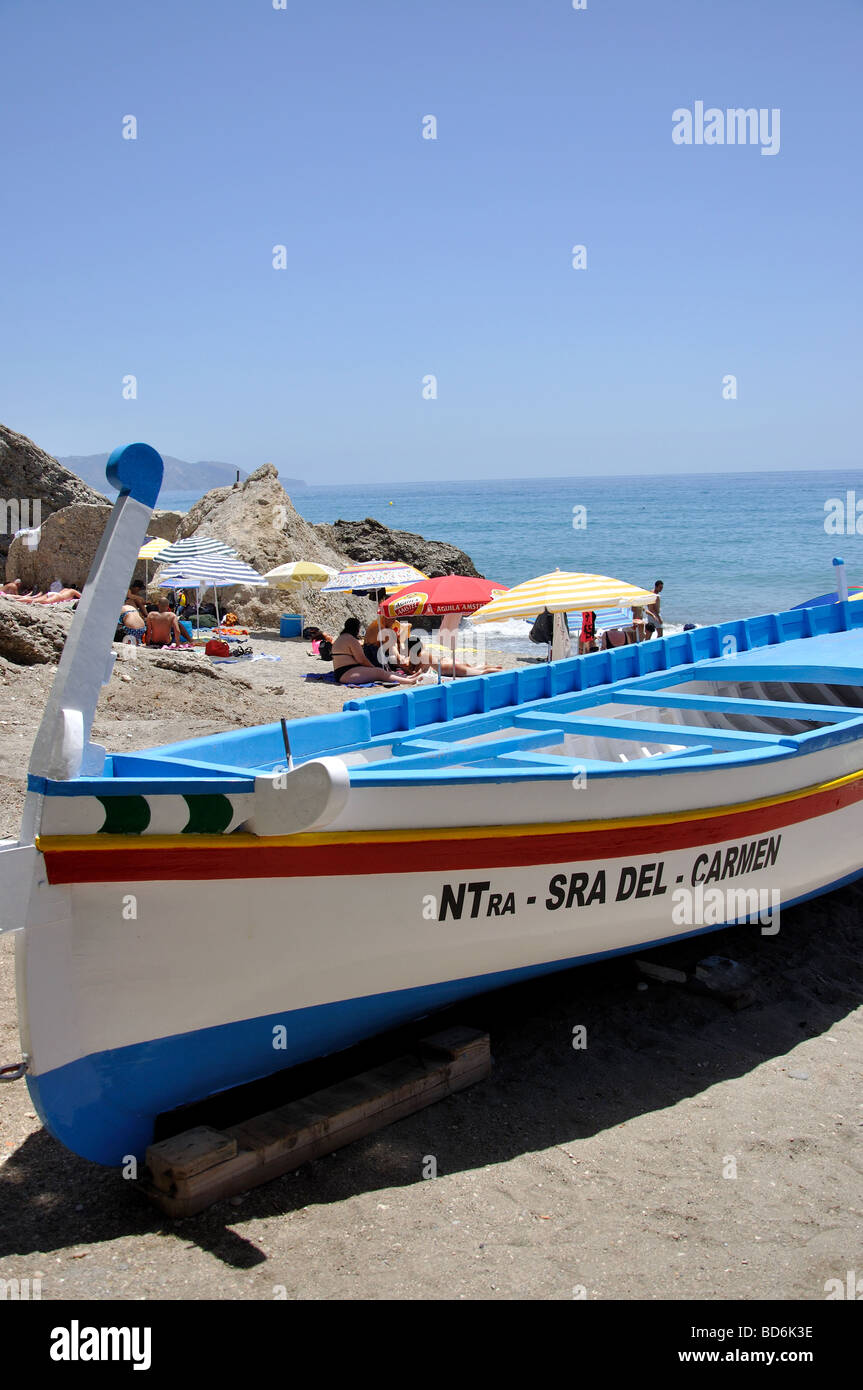 Colourful fishing boat, Playa Calahonda, Nerja, Costa del Sol, Malaga Province, Andalucia, Spain Stock Photo