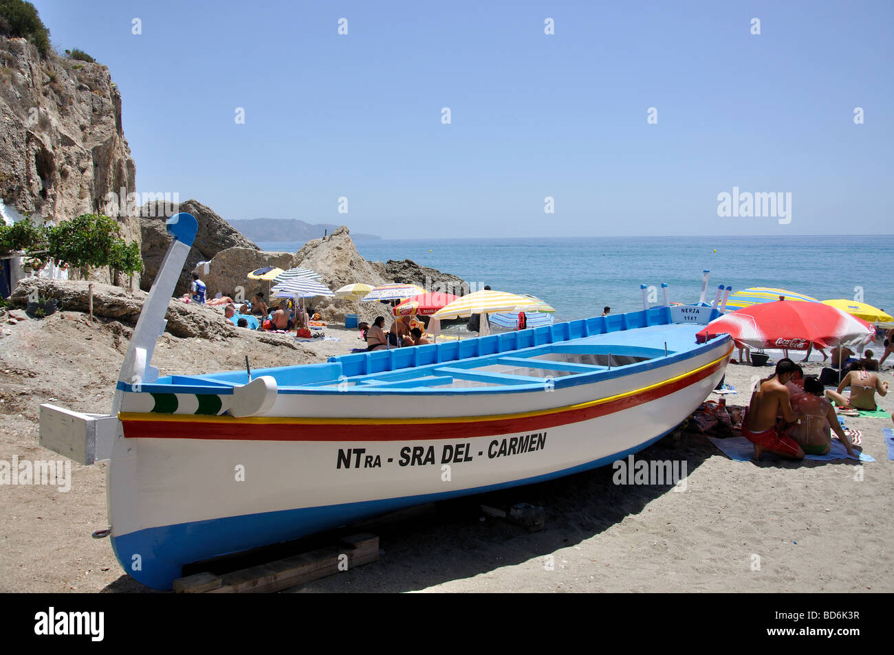 Colourful fishing boat, Playa Calahonda, Nerja, Costa del Sol, Malaga Province, Andalucia, Spain Stock Photo