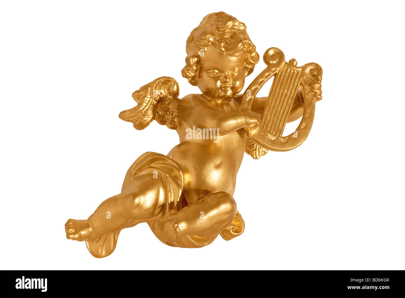 Golden angel playing harp isolated on white background Stock Photo