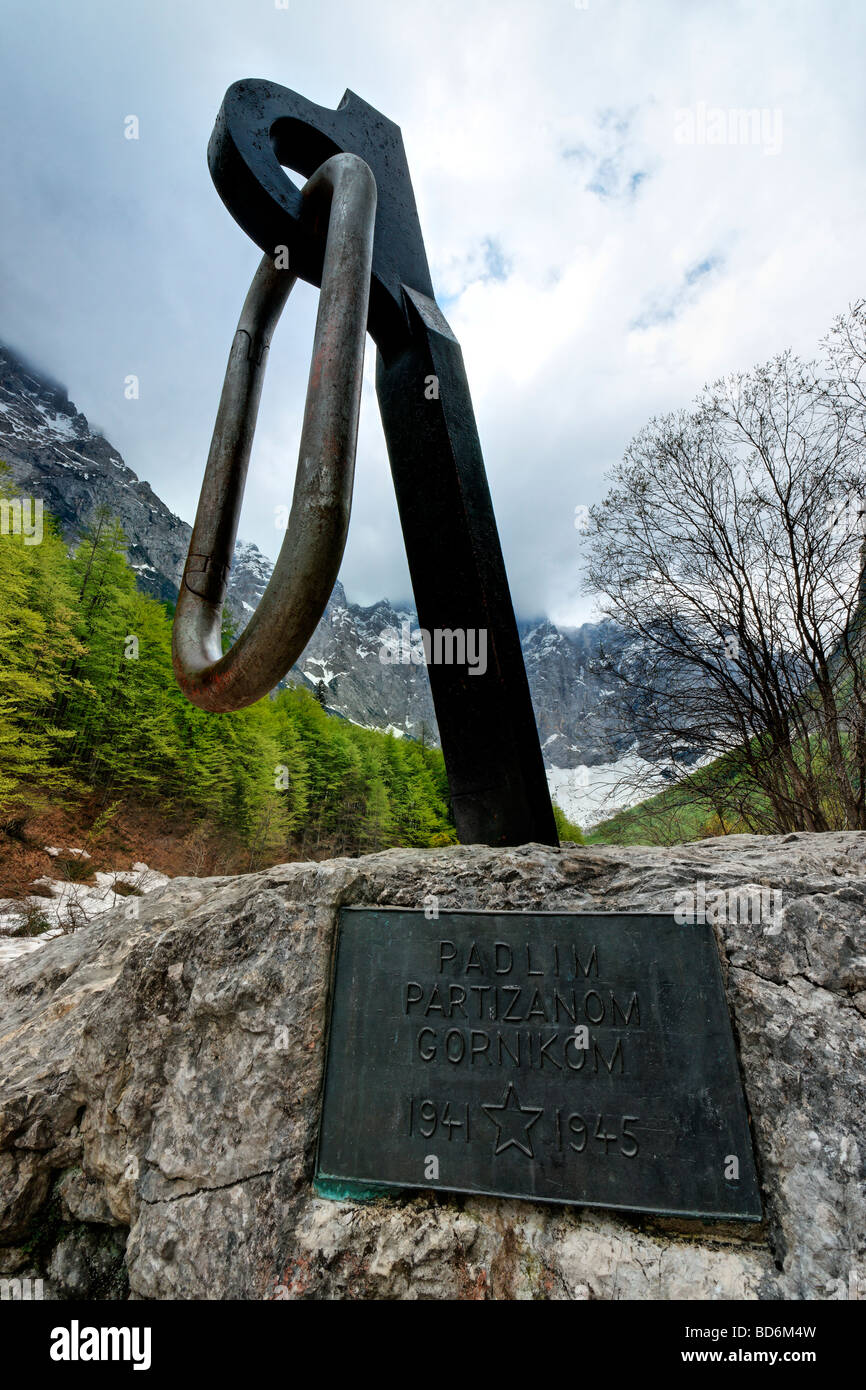 War memorial to the mountaineer partisans of the former Yugoslavia in the Vrata Valley near Mojstrana, Gorenjska, Slovenia. Stock Photo