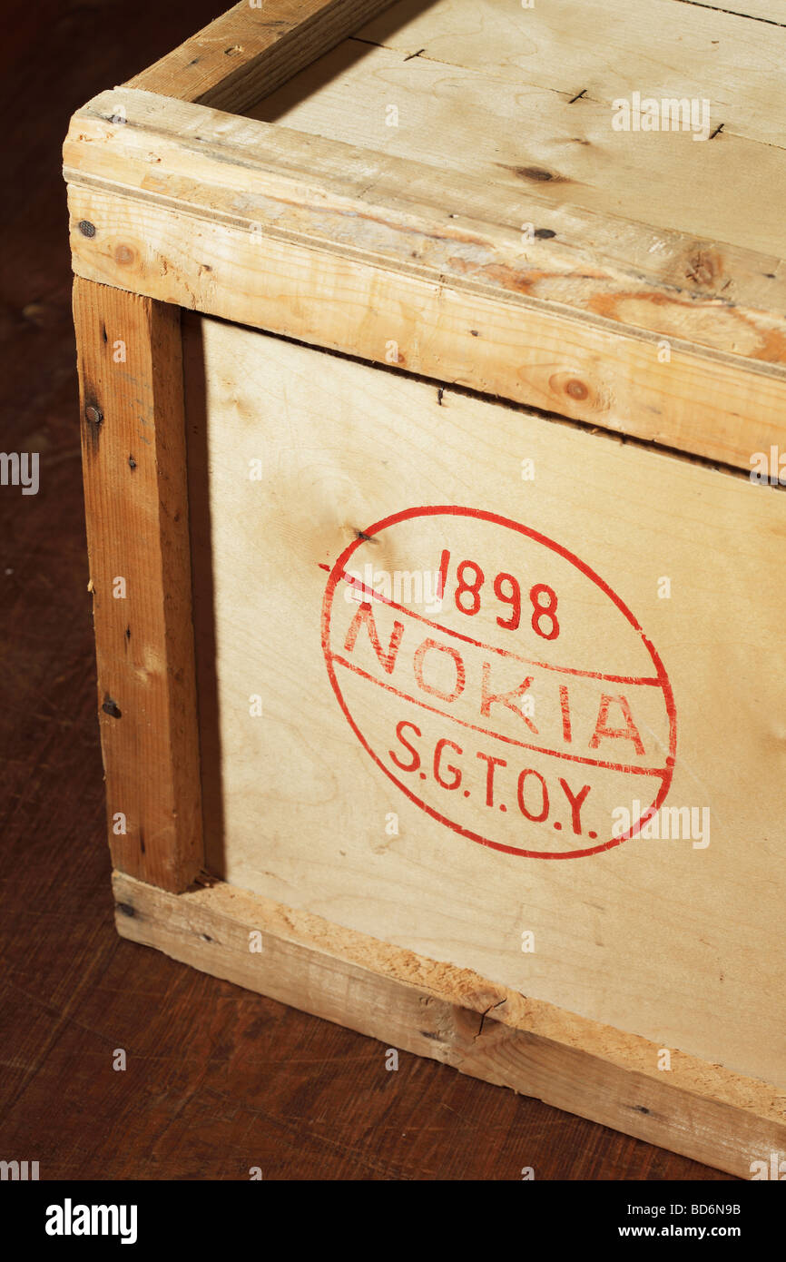 Wooden crate with old Nokia logo Stock Photo