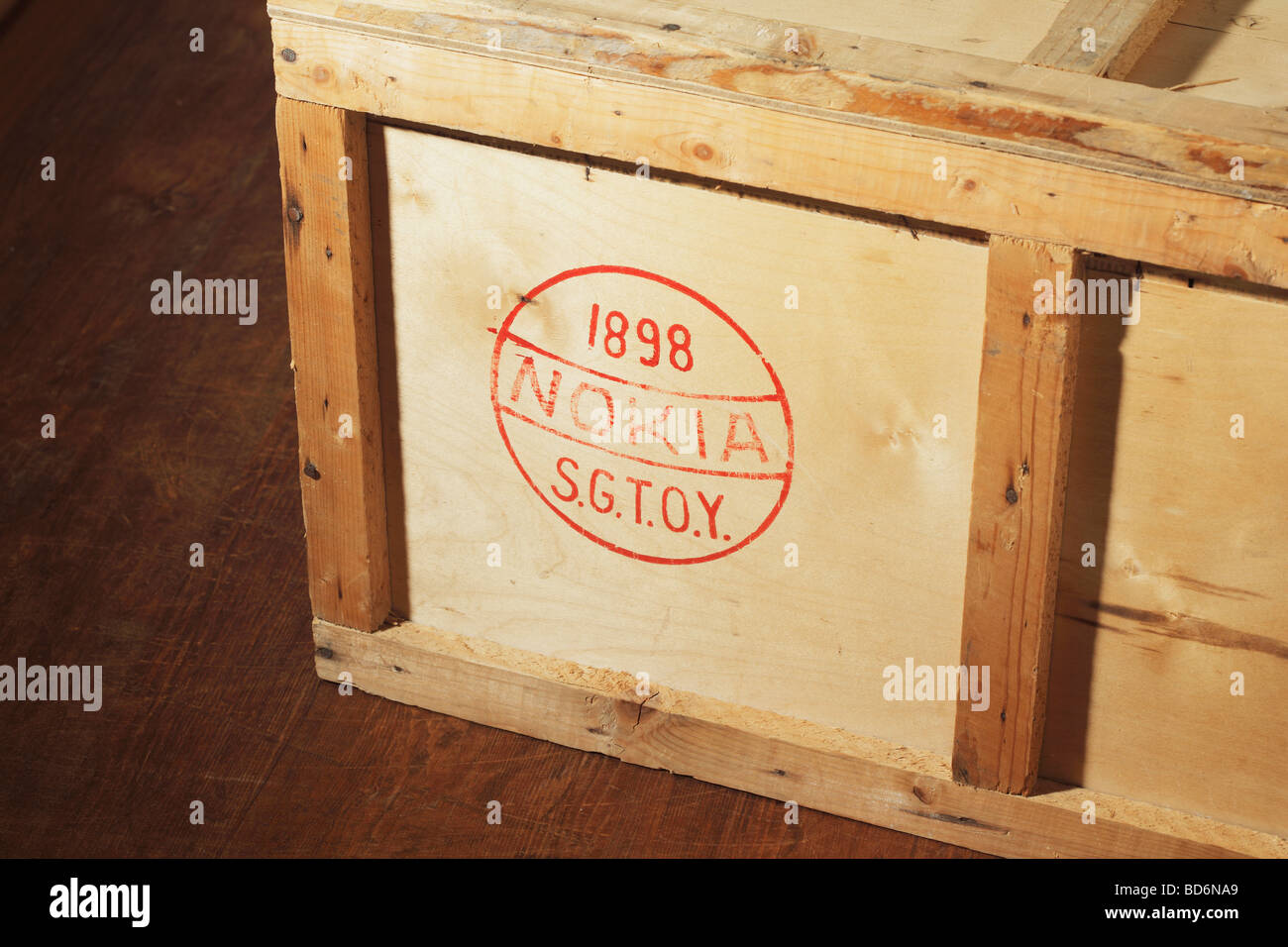 Wooden crate with old Nokia logo Stock Photo