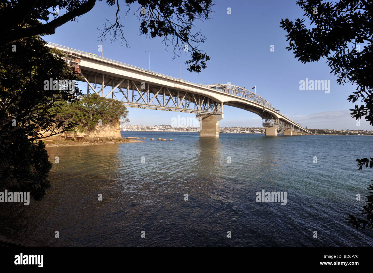 Vistas of the Auckland harbour bridge taken from Northcote Point. Stock Photo