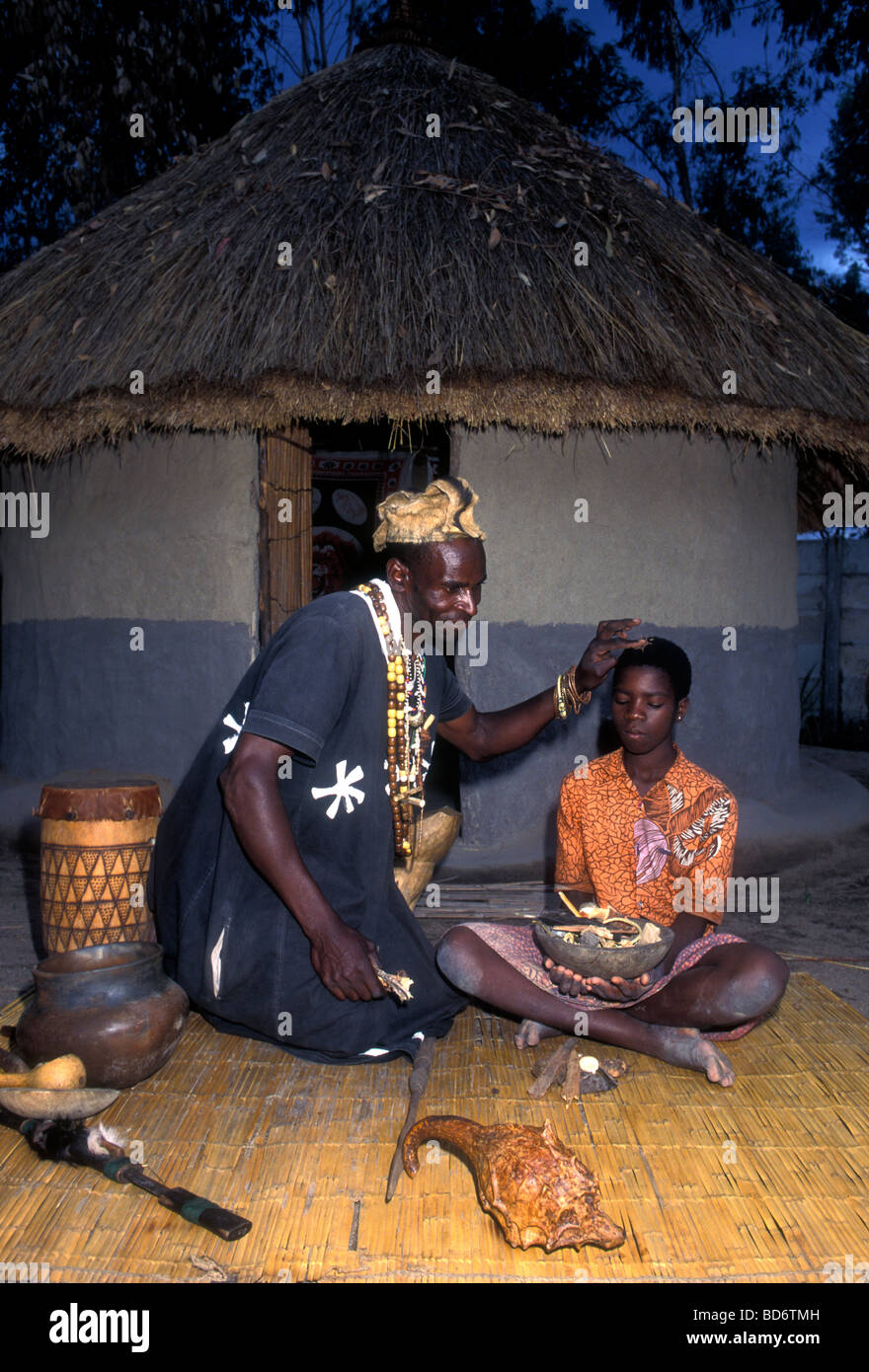 Doctor Alfred Chakadenga, Shona healer, witchdoctor, shaman, spiritualist, spiritualism, medicine man, Chapungu Shona Village, Harare, Zimbabwe Stock Photo