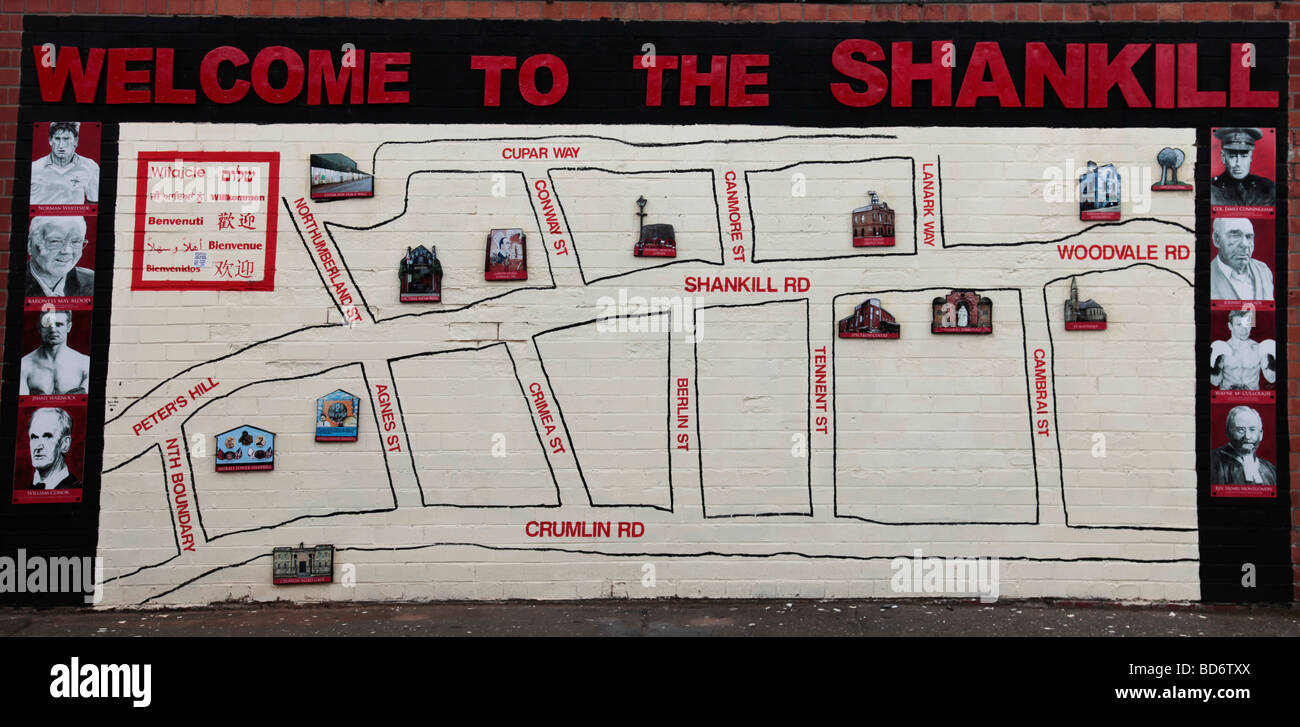 Map/mural showing the main streets of the Shankill area Belfast (traditionally Protestant/Loyalist), with some portraits. Stock Photo