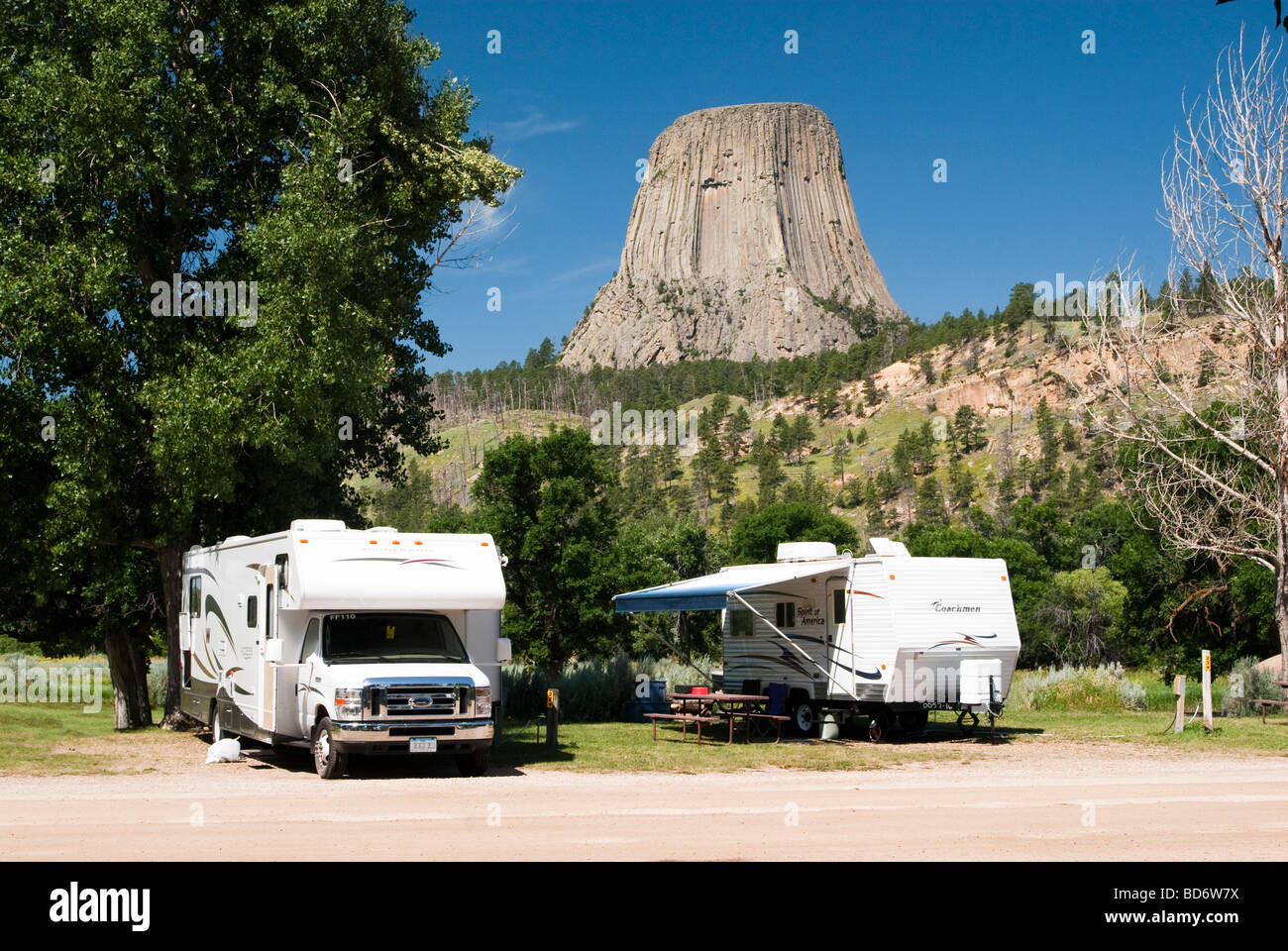 RV camping in a campground near Devils Tower National Monument in Wyoming Stock Photo