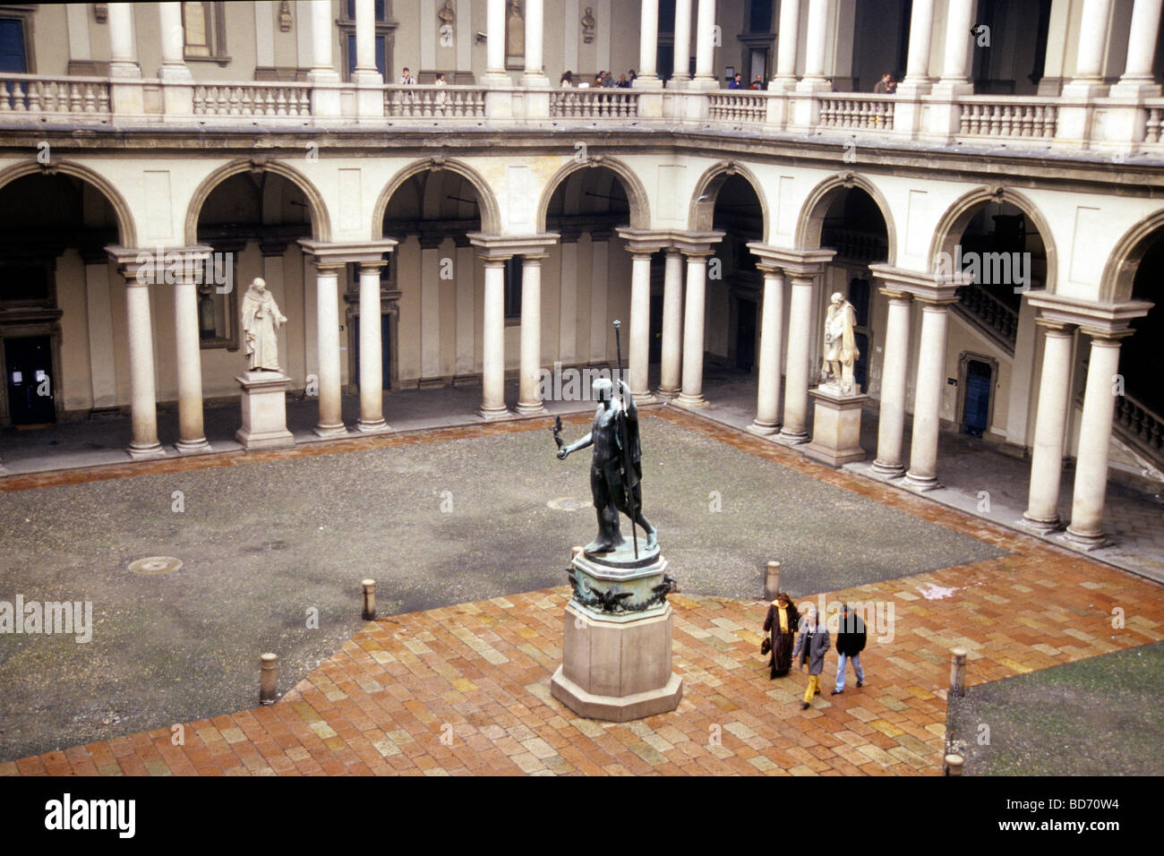 Palazzo di Brera square, Pinoteca di Brera, palace, National Gallery and Museum, courtyard with arcades, columns and arches, Mi Stock Photo