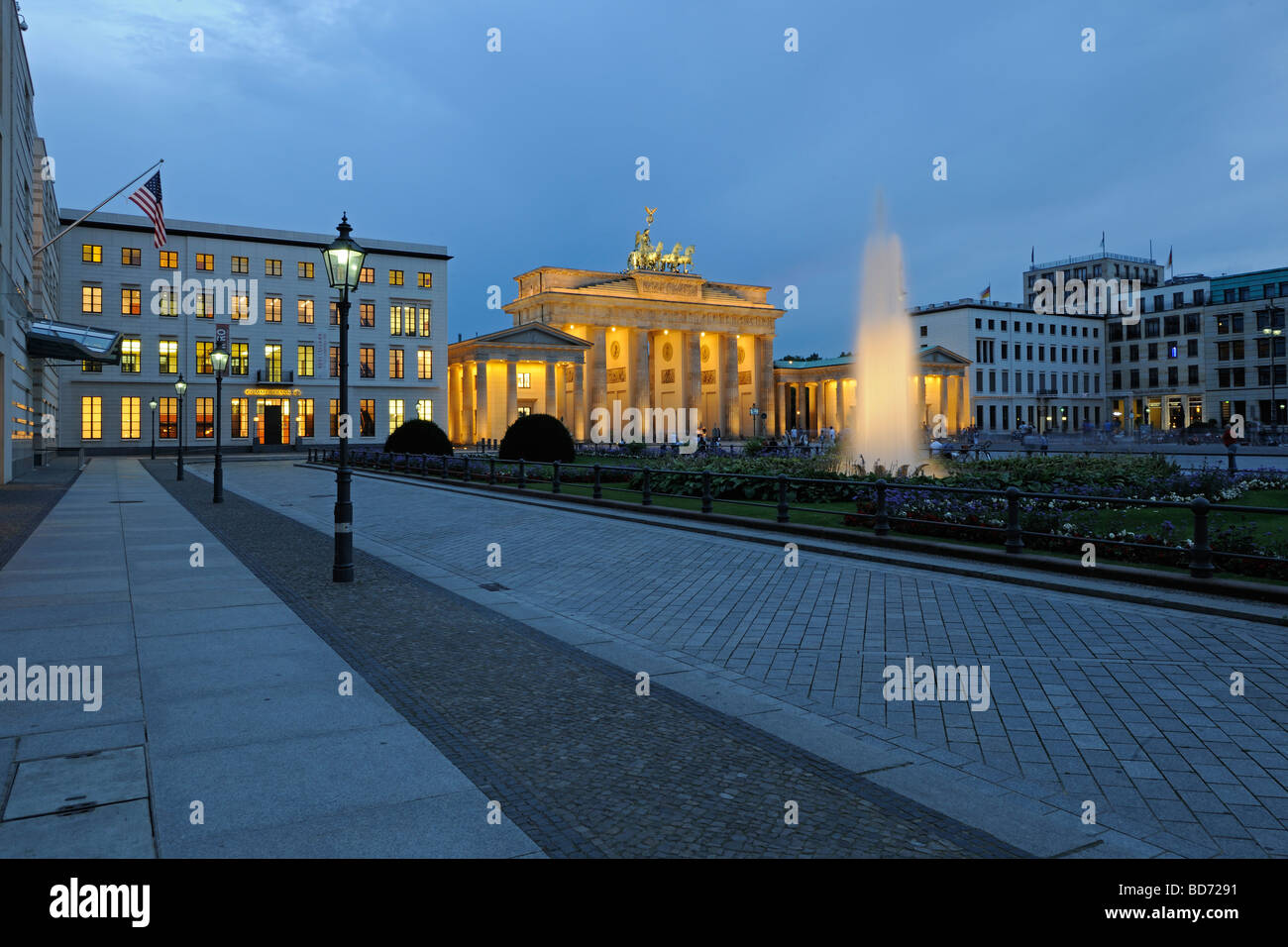 View of the Pariser Platz square with the Brandenburg Gate and the U.S. embassy on the left at dusk, Berlin, Germany, Europe Stock Photo