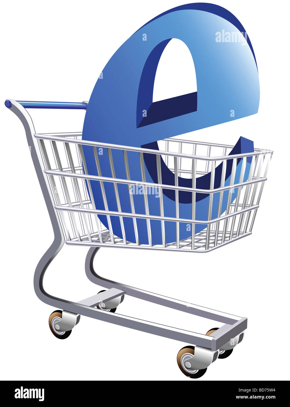 Illustration of a shopping cart with a large E symbol representing ecommerce Stock Photo