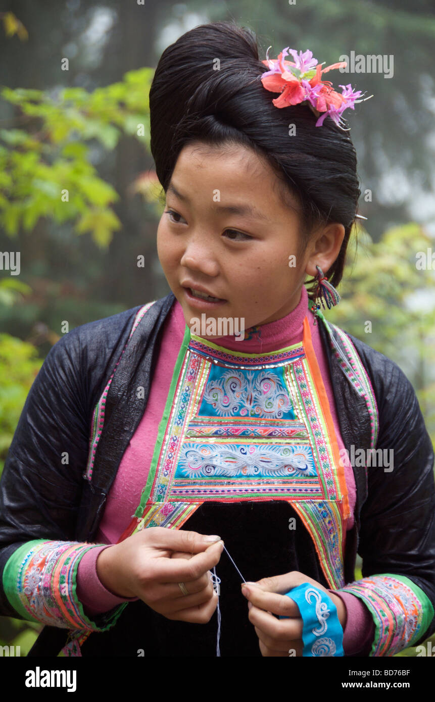 Basha Miao girl embroidering Congjiang County Guizhou Province China ...