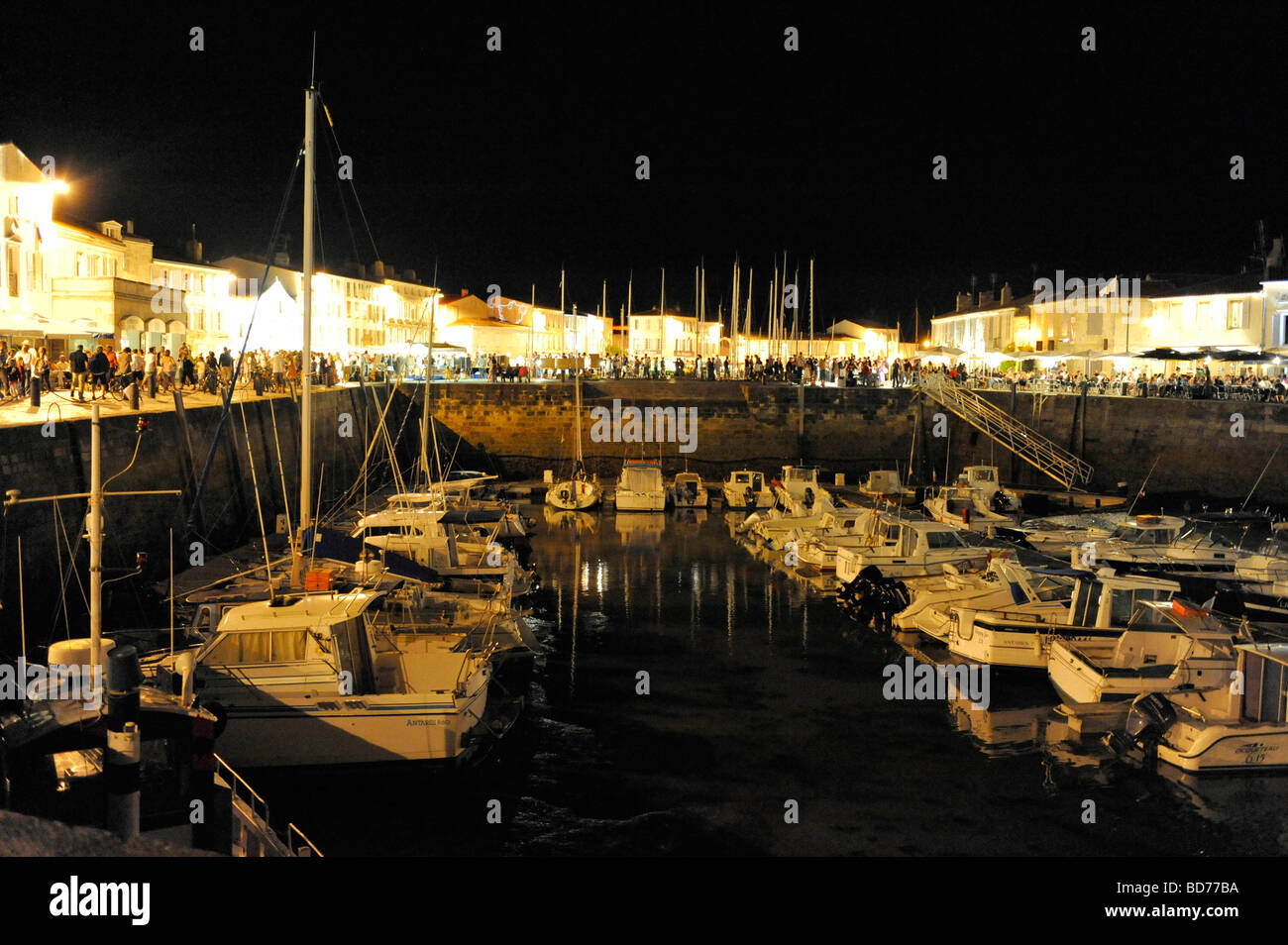 Night shot of the harbour in St Martin De Re, Ile de Re Stock Photo
