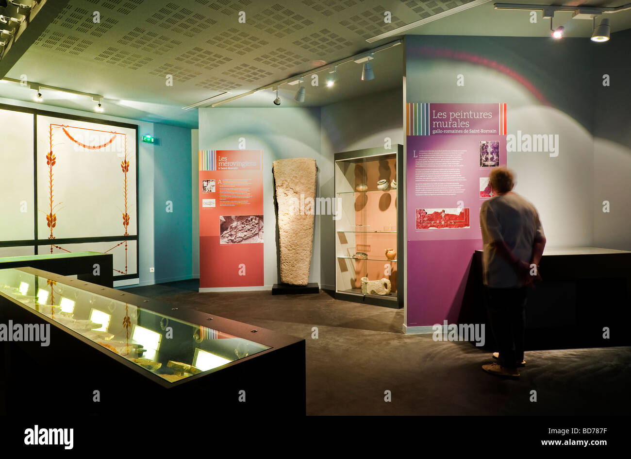 View of exhibition display room in newly converted Musée Archéologique / Archeology Museum - Martizay, Indre, France. Stock Photo
