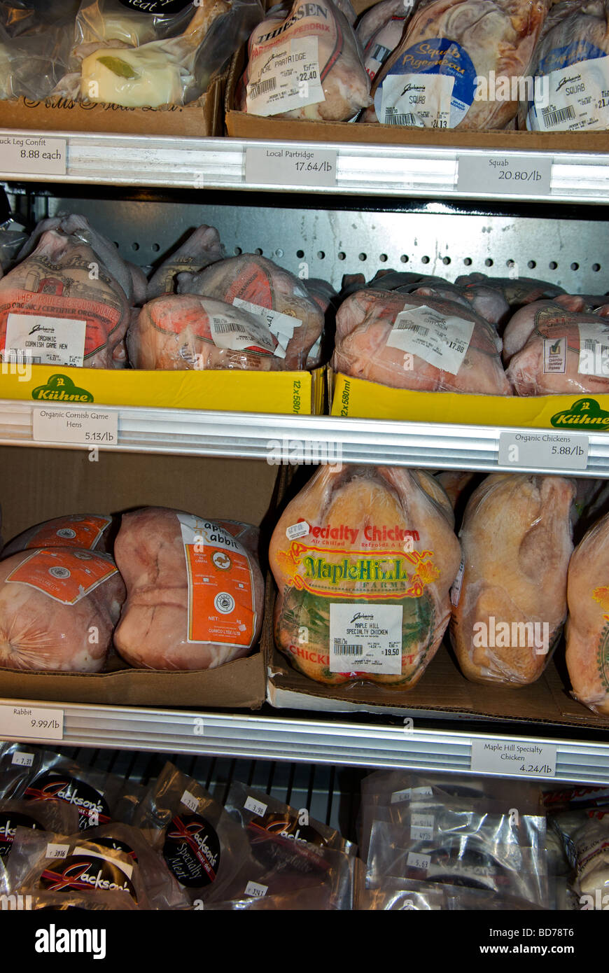 Frozen exotic specialty organic poultry and meats in upright freezer display case Stock Photo