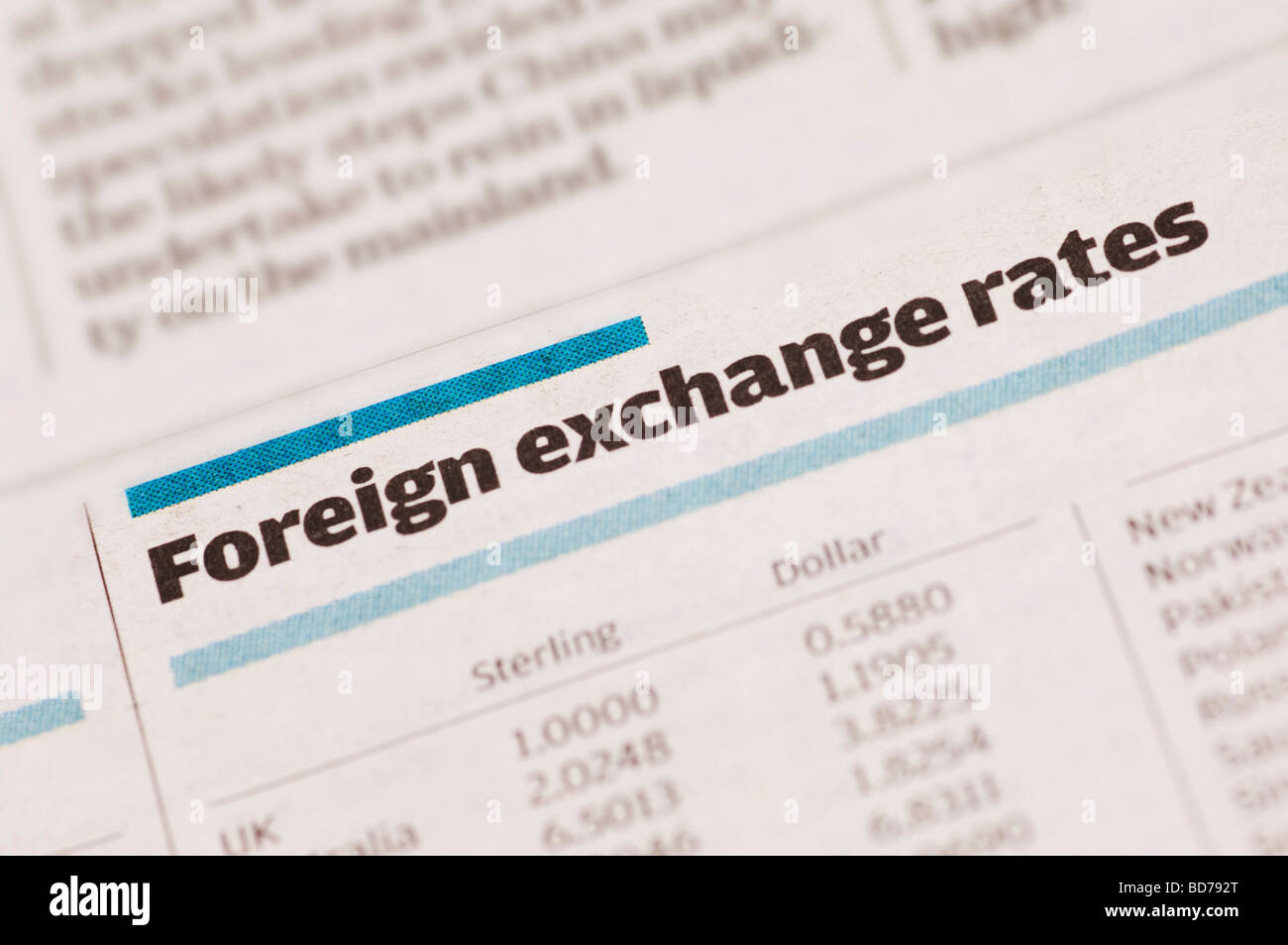 Foreign exchange report in the newspaper Stock Photo