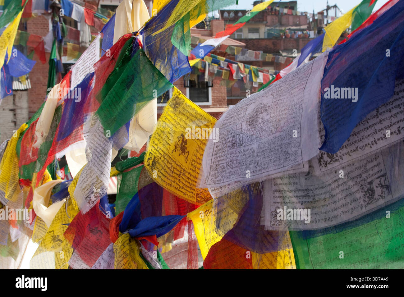 Bodhnath, Nepal. Prayer Flags Decorate the Stupa. Five colors represent